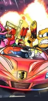 Cartoon characters driving a sports car in an action-filled scene.