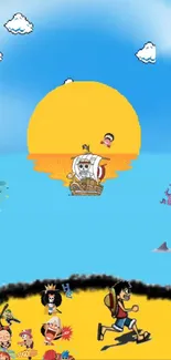 Cartoon adventure with ocean, sunset, and characters.