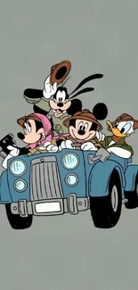 Cartoon characters enjoying a car adventure on a gray background.