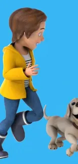 Cartoon boy running with a happy dog on a blue background.