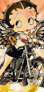 Cartoon biker angel with wings on a motorcycle, set against an orange background.