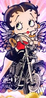 Cartoon angel with wings on motorcycle with pink glow.