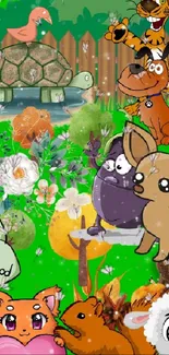 Cartoon animals in a colorful garden scene with vibrant nature elements.