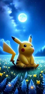 Pikachu sits in a field under a glowing moonlit sky.