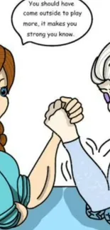 Cartoon scene of characters arm wrestling in vivid colors.