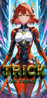 Futuristic anime warrior in vibrant colors with text 'Trick or Treat.'