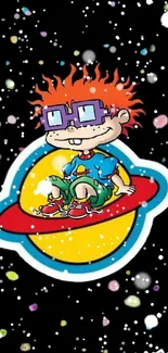 Cartoon child sitting on a colorful planet against a starry black background.