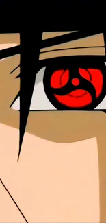 Close-up of an anime character's red eye with intricate detail.