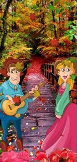 Cartoon characters on an autumn bridge with vibrant fall colors.