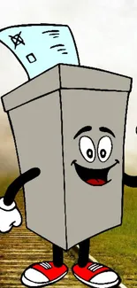 Cartoon ballot box with a voting paper and cheerful expression on tracks.