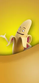 Cheerful animated banana cartoon on vibrant yellow background.