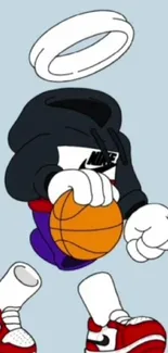 Cartoon character with a halo holding a basketball in sneakers.