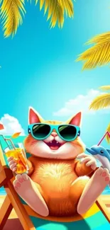 Cartoon cat sunbathing at a tropical beach with sunglasses and palm trees.