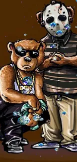 Cartoon bears in sunglasses and mask on brown background.