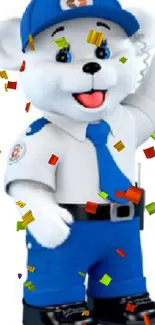 Cartoon bear in blue uniform waving cheerfully.