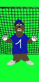 Cartoon bear in goalkeeping pose with net on bright green background.