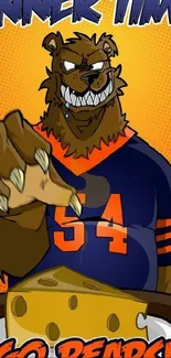 Cartoon bear in sports jersey with cheese on orange background.