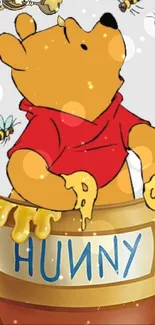 Cartoon bear enjoying honey with bees buzzing around.