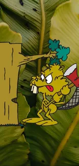 Cartoon beaver against green leaves background, holding an axe.