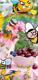 Playful cartoon bees buzz over a cherry-filled table with vibrant flowers.