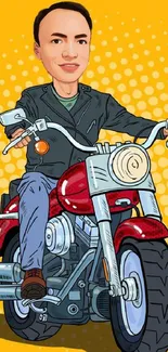 Cartoon biker rides a red motorcycle on a yellow background.