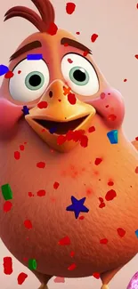 Cartoon bird celebrating with confetti.