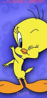 Cheerful yellow cartoon bird on a purple background, mobile wallpaper.