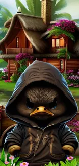 Cartoon bird in hoodie with tropical house, lush greenery background.