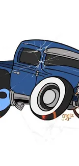 Cartoon blue car with oversized wheels and flames illustration.