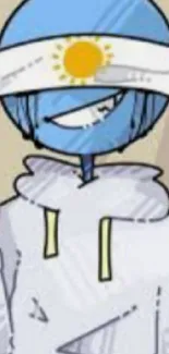 Cartoon character with blue face and white hoodie in a mobile wallpaper.