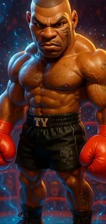 Cartoon illustration of a muscular boxer in the ring with red gloves.