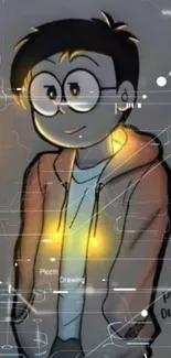 Cartoon boy in hoodie with glowing heart design.