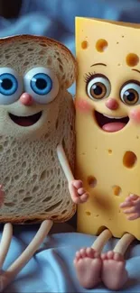 Cute cartoon bread and cheese characters sit together joyfully.