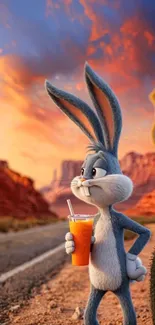 Cartoon bunny on desert road at sunset.