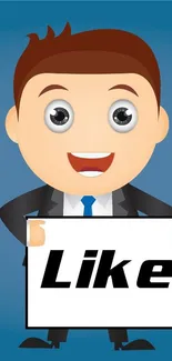 Cartoon businessman with 'Like' sign on blue background.