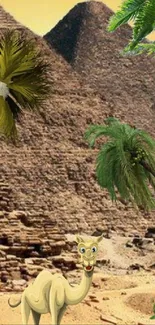 Cartoon camel with pyramids and palm trees in the desert.