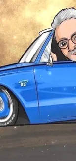 Cartoon illustration of a blue car with a whimsical design.