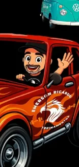 Cartoon driver waving from a red car with a black background.