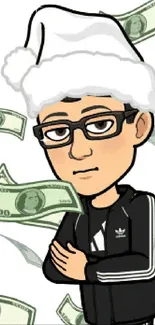 Cartoon character in tracksuit with floating dollar bills and a white hat.