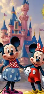 Mickey and Minnie Mouse in front of a Disney castle at sunset.