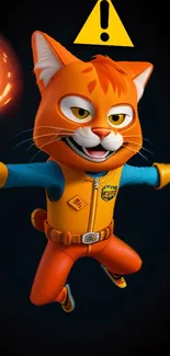 Energetic cartoon cat in orange jumpsuit holding a light against a dark background.