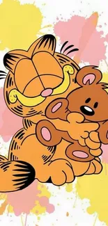 Cartoon cat hugging teddy bear with colorful paint splashes.