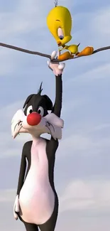 Cartoon cat holding bird on a wire.