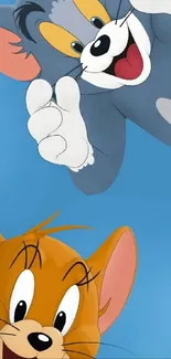 Playful cartoon cat and mouse with a blue sky background on mobile wallpaper.