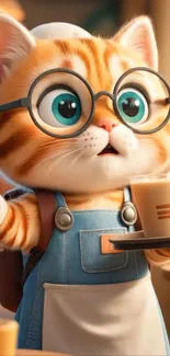 Cartoon cat barista with glasses serving coffee.
