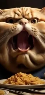 Animated cat with wide mouth and bowl of food, funny scene.