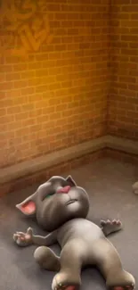 Cartoon cat lying in brick alley with mysterious charm.