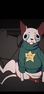 Cartoon cat wearing a green sweater with special girl label.