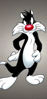 Animated black and white cat with red nose on a gray background.