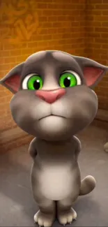 Cute cartoon cat with green eyes on a mobile wallpaper.